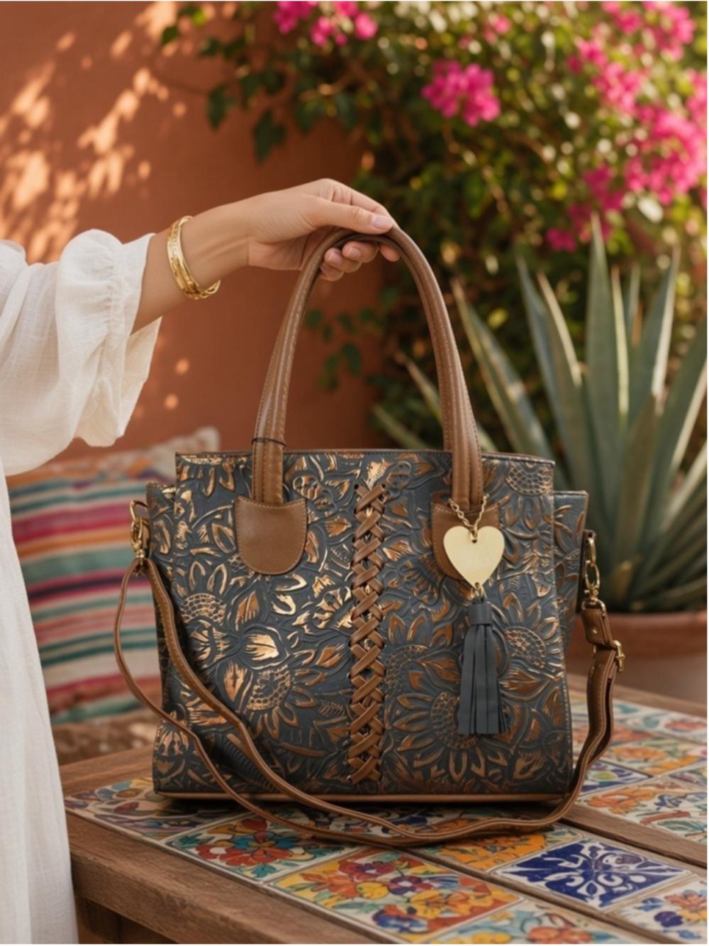 Charcoal Gray Grey Gold CrossStitch Embossed Tooled Artisan LEATHER Purse Bag